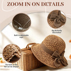 Elegant Woven Straw Sun Hat with Bow, Straw Hat with Retro Bow, Womens Straw Hat Wide Brim Bucket Foldable Breathable Beige