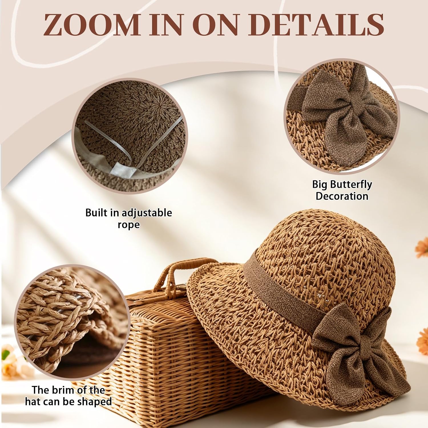 Elegant Woven Straw Sun Hat with Bow, Straw Hat with Retro Bow, Womens Straw Hat Wide Brim Bucket Foldable Breathable Beige