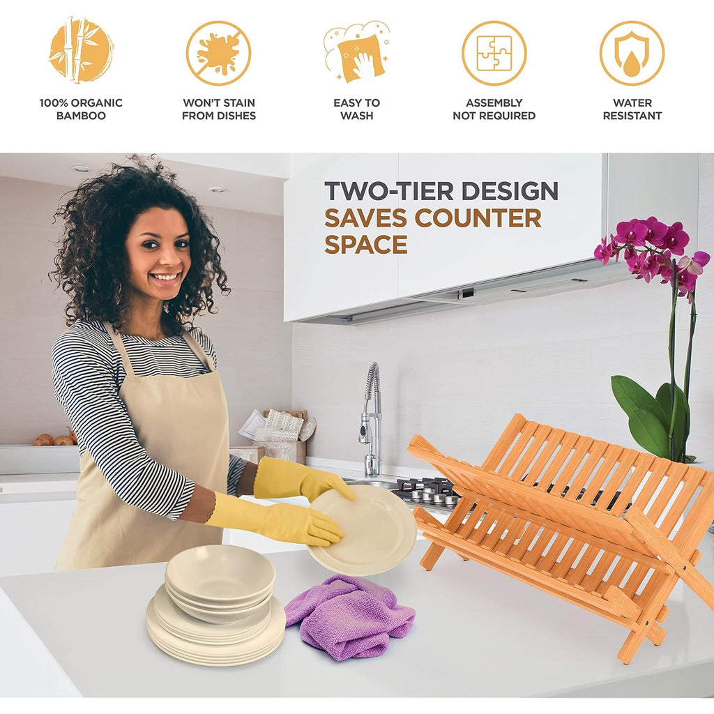 Bambüsi Collapsible Dish Drying Rack - 2 Tier Bamboo Dish Rack Dish Drainer For Kitchen Counter, Foldable Wooden Drying Rack For Plates Cups Bowls Utensils, No Assembly Folding Rack For Apartment, Rv