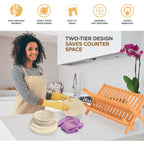 Bambüsi Collapsible Dish Drying Rack - 2 Tier Bamboo Dish Rack Dish Drainer For Kitchen Counter, Foldable Wooden Drying Rack For Plates Cups Bowls Utensils, No Assembly Folding Rack For Apartment, Rv
