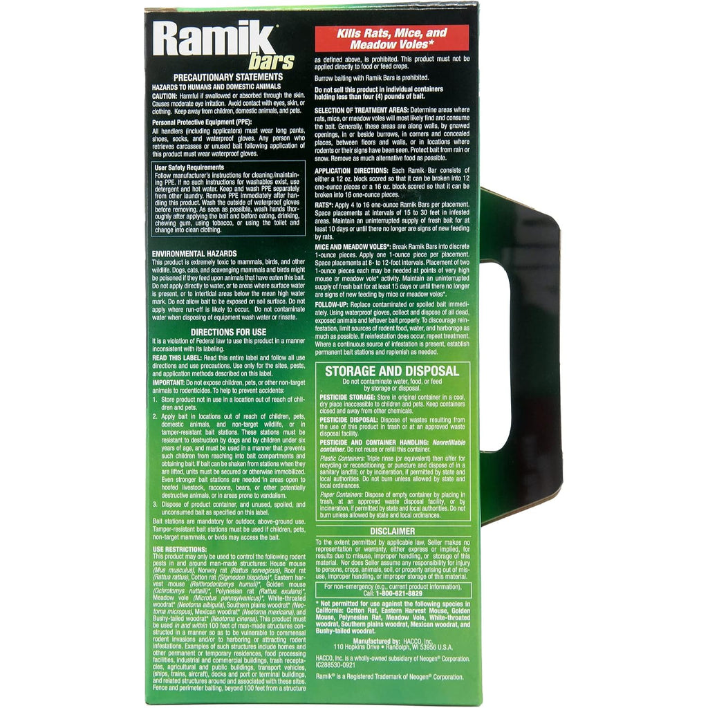 Ramik Bars All-Weather Rodenticide Mold & Moisture Resistant Bait For Control Of Rats, Mice, And Meadow Voles, 4 Lbs