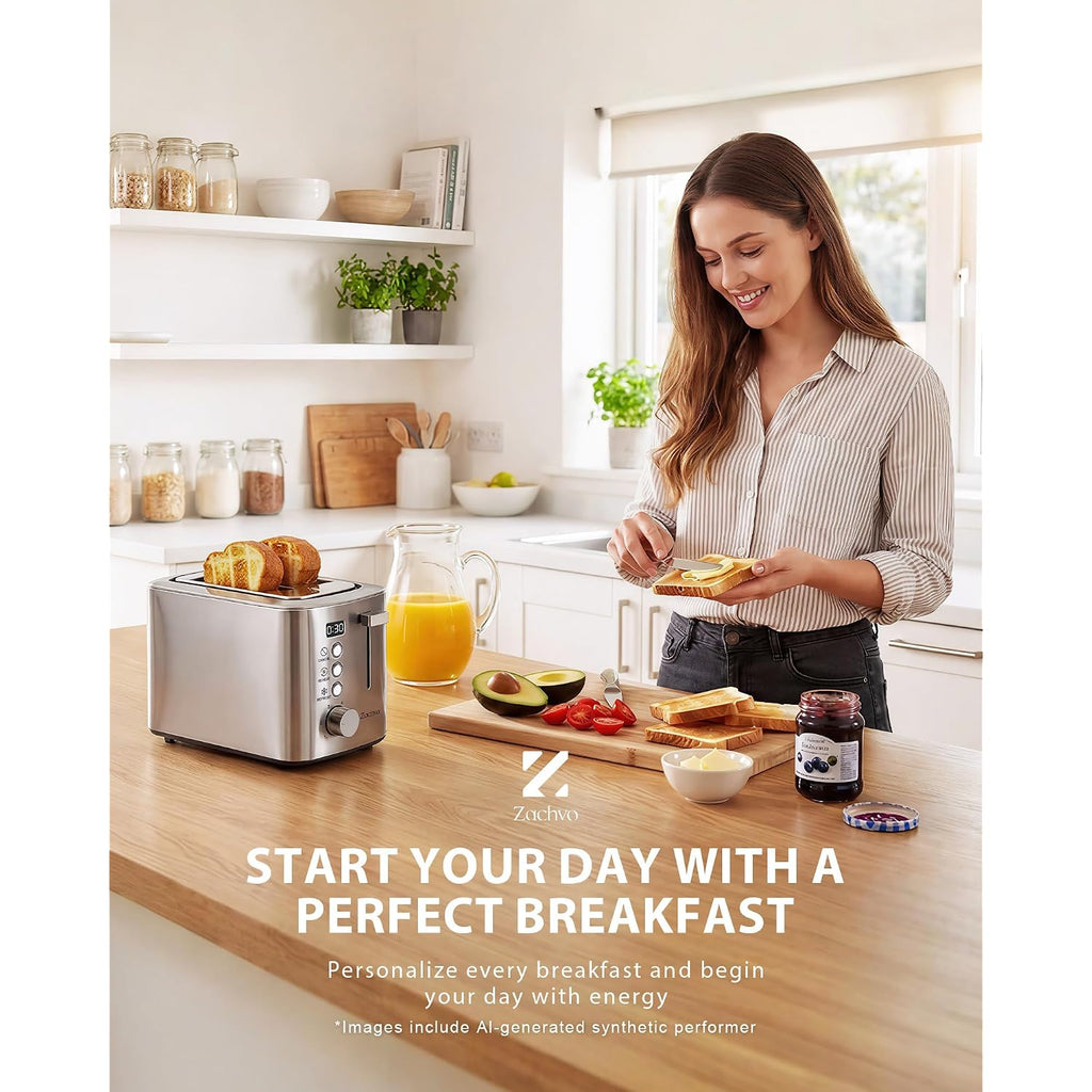 2 Slice Toaster With Wide Slots For Bread & Bagels, Stainless Steel Toaster With Digital Countdown, 6 Shade Settings, Defrost, Reheat & Cancel, Compact Design For Kitchen