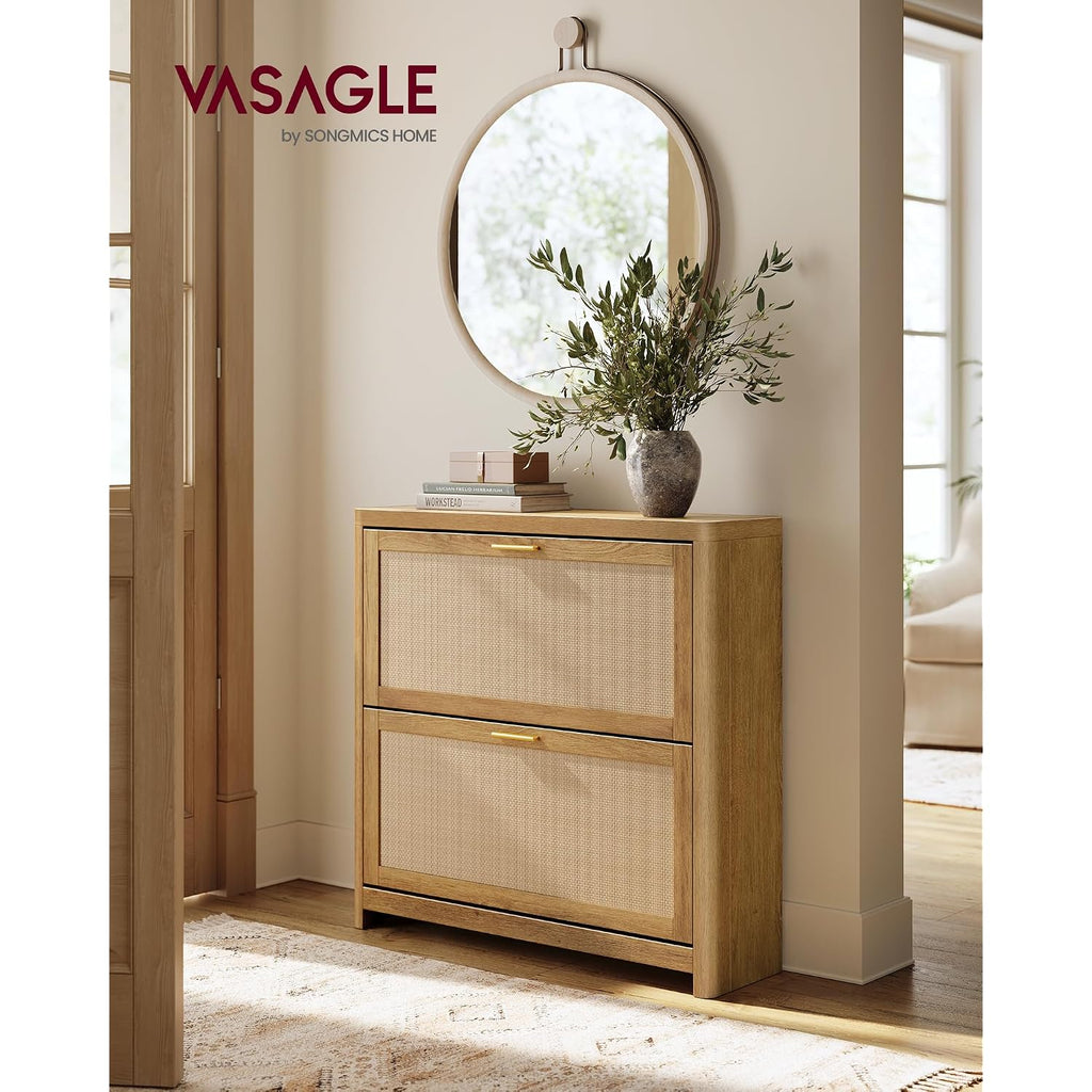 Vasagle Ellan Collection - Boho Shoe Storage Cabinet For Entryway Slim, Entry Shoe Cabinet With Rattan-Look Flip Drawers, Rounded Corners, Narrow For Entrance, Natural Brown Uhsc601Kc01