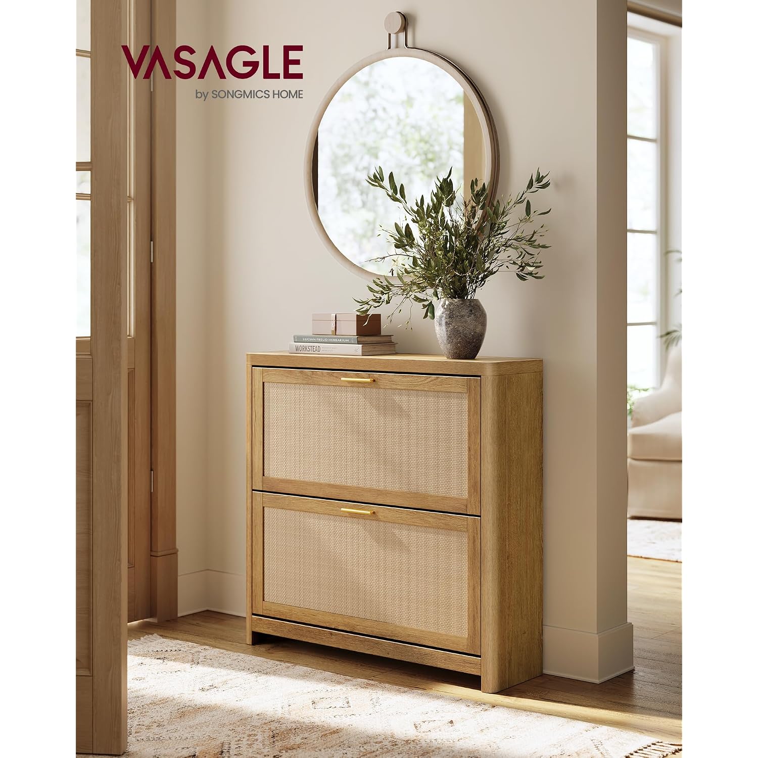 Vasagle Ellan Collection - Boho Shoe Storage Cabinet For Entryway Slim, Entry Shoe Cabinet With Rattan-Look Flip Drawers, Rounded Corners, Narrow For Entrance, Natural Brown Uhsc601Kc01
