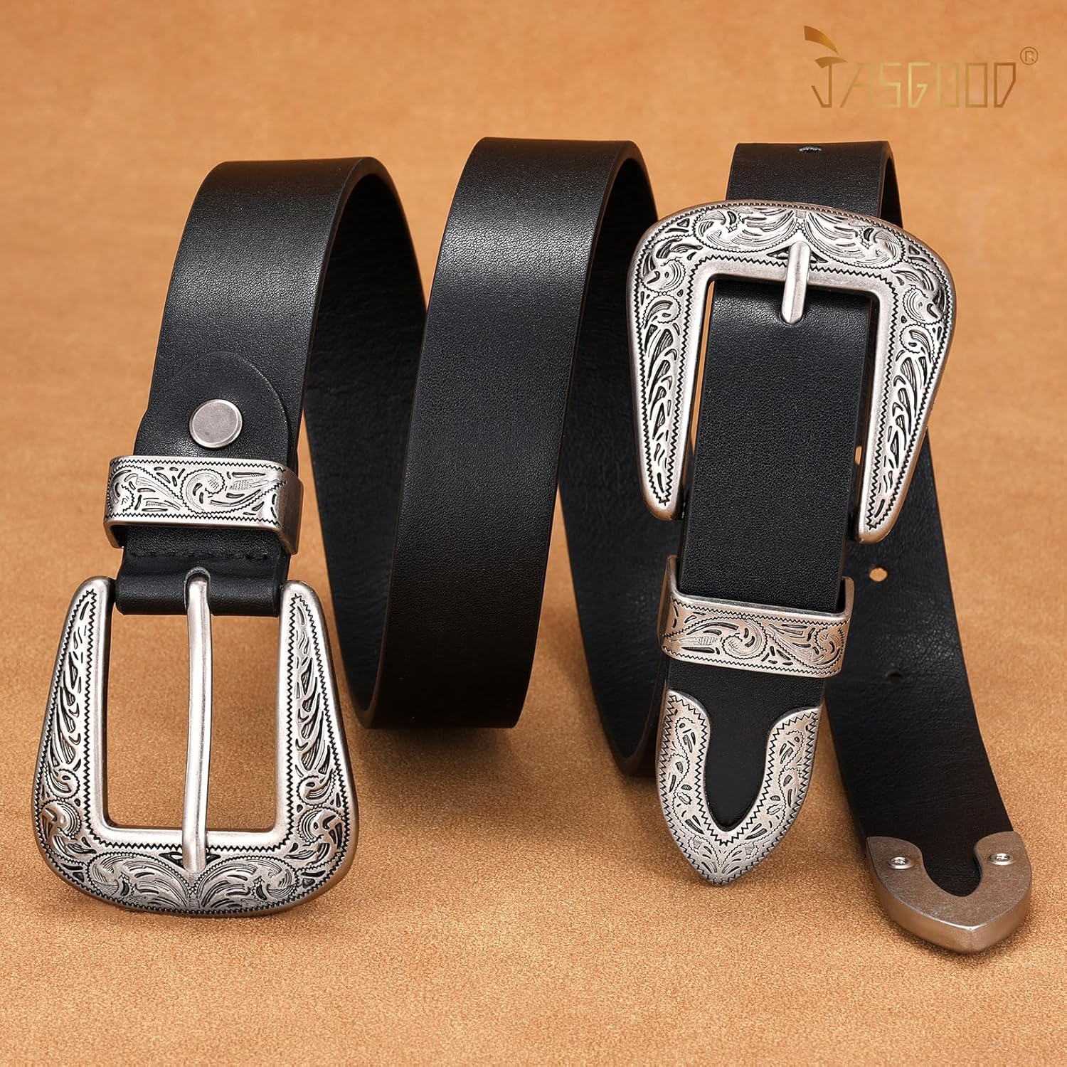 JASGOOD Double Buckle Western Belts for Woman Cowgirl Country Belt Vintage Black Leather Belt for Jeans Pants Dresses