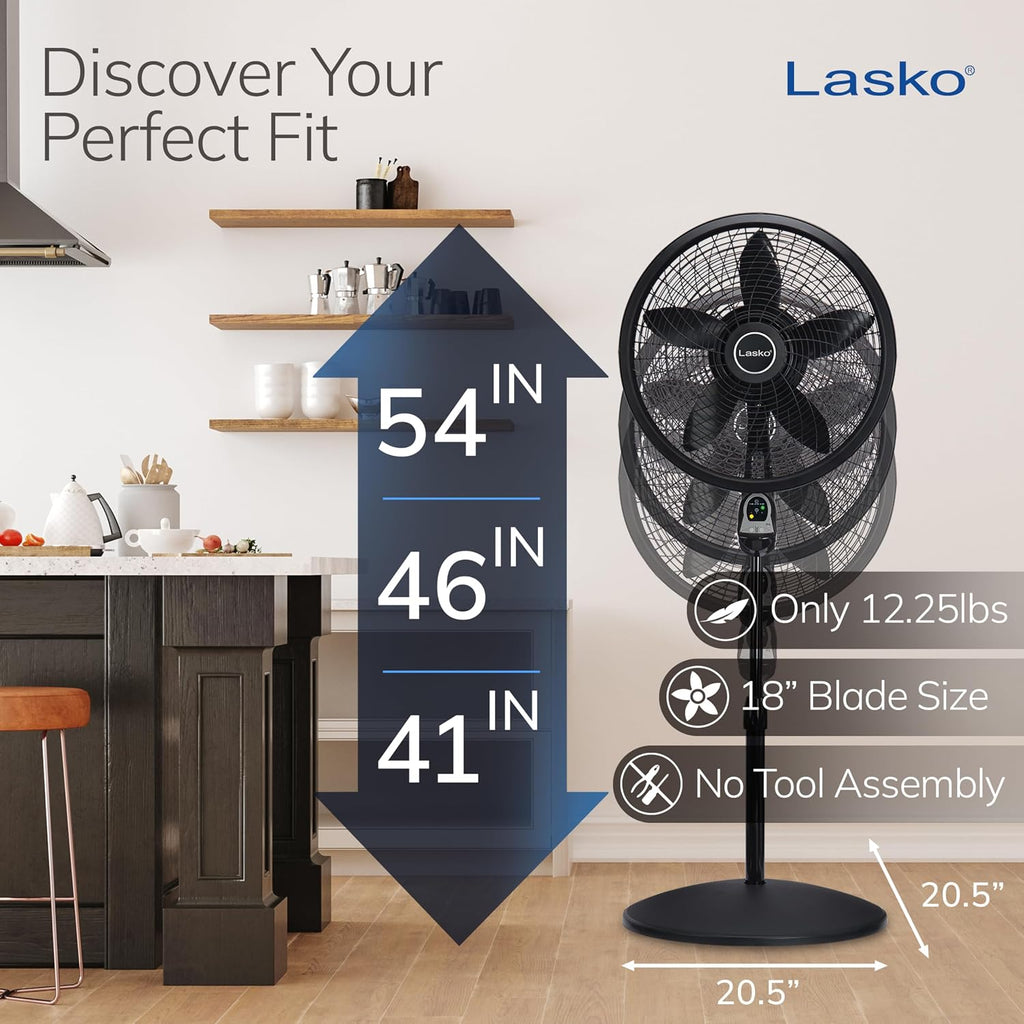 Lasko Oscillating Cyclone Pedestal Fan With Remote Control - Cooling Standing Fan For Bedroom, Living Room, And Home Office - Adjustable Height - 3 Quiet Speeds - 1843 - 18" Blade Diameter - Black