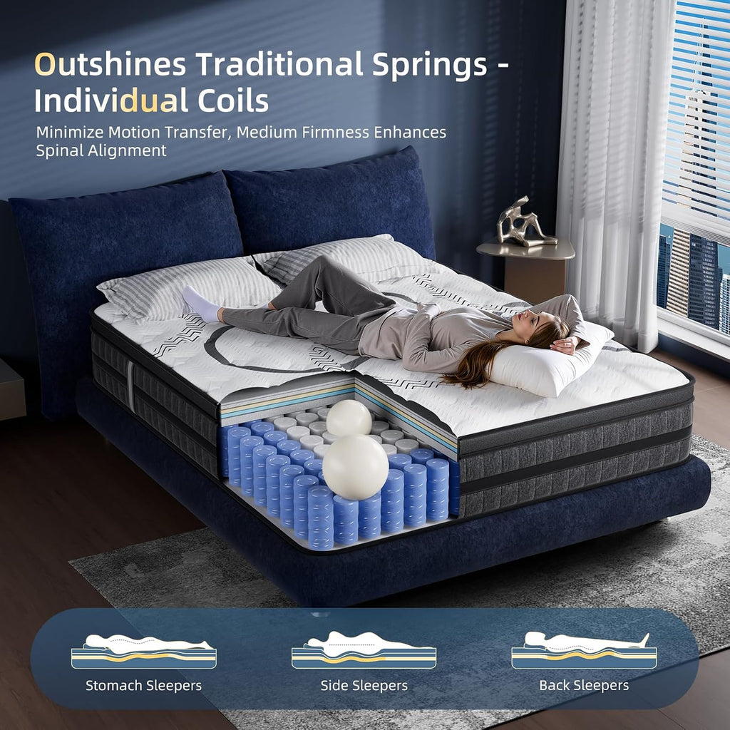Queen Mattress, 12 Inch Hybrid Queen Size Mattress In A Box, Medium Firm, Memory Foam & Pocketed Springs, Pressure Relief, Certipur-Us Certified& Fiberglass Free, Motion Isolation, 365-Night Trial