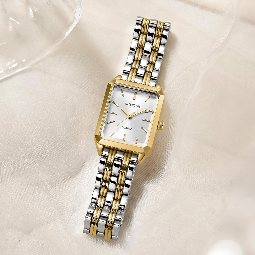 Cheetah Women'S Gold-Tone Dainty Watch, Retro Style Rectangular Case And Stainless Steel Band, Gift For Her
