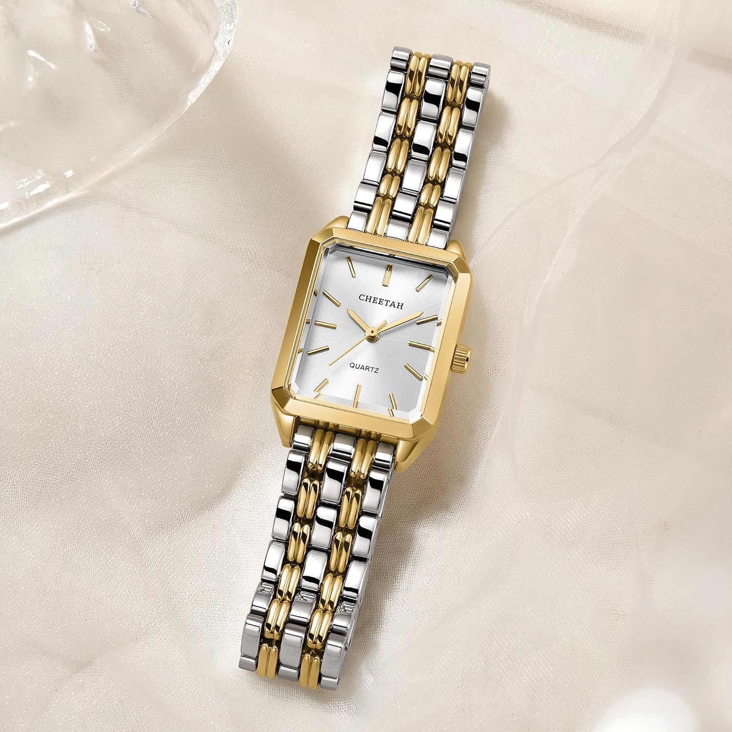 Cheetah Women'S Gold-Tone Dainty Watch, Retro Style Rectangular Case And Stainless Steel Band, Gift For Her