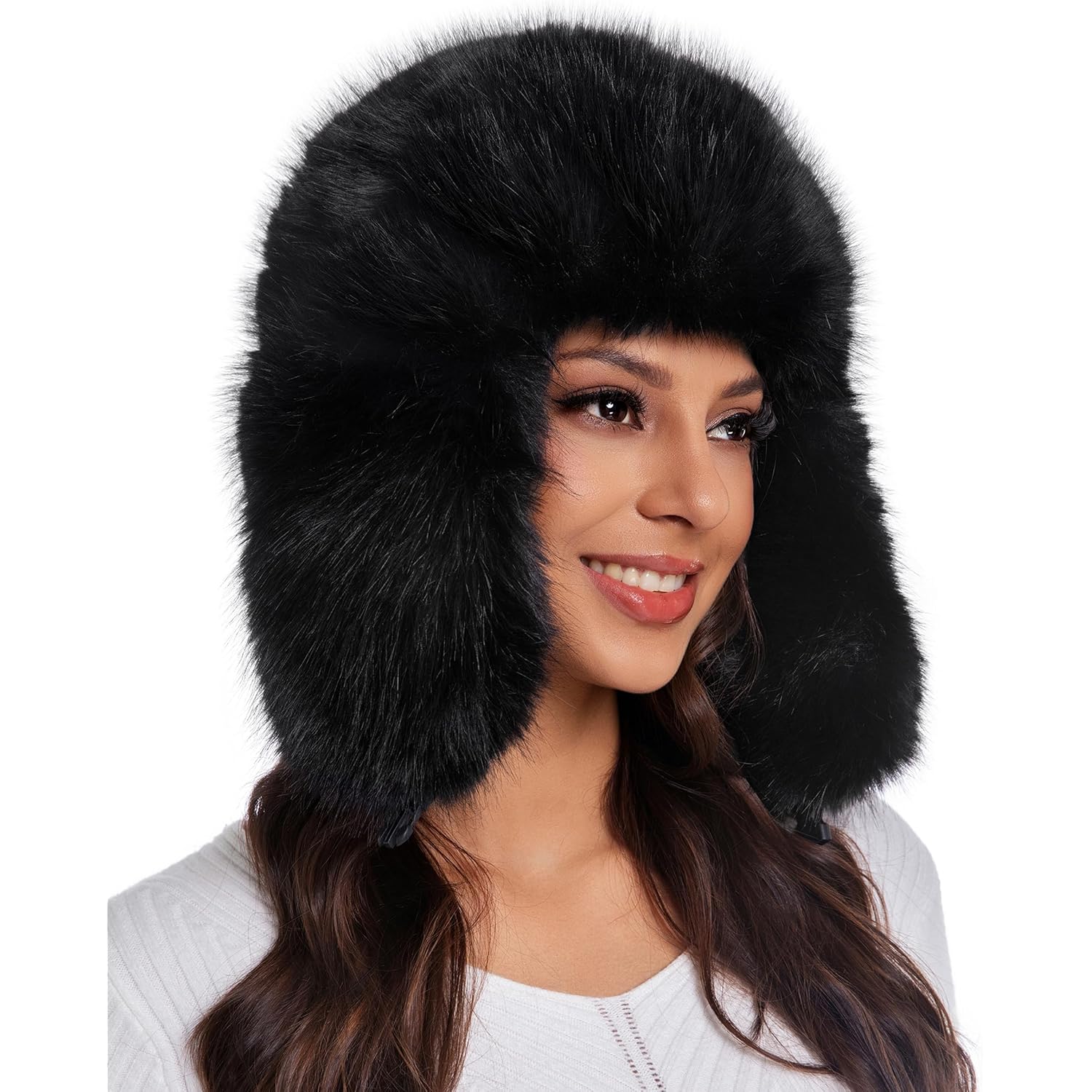 Faux Fur Fluffy Trapper Hat for Women – Winter Warm Russian Ushanka Hat with Ear Flaps