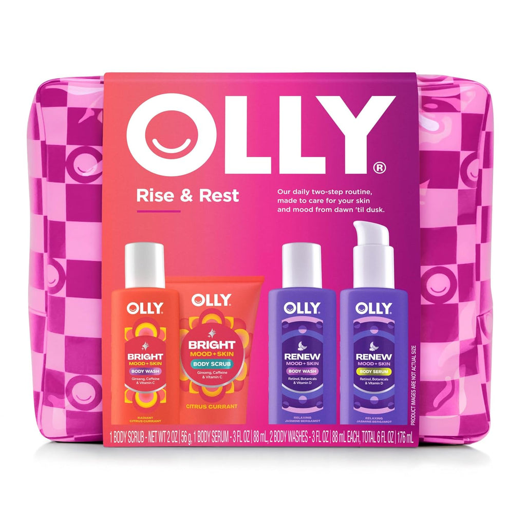 Olly Rest & Rise Body Care Set – Day & Night Regimen – 2 Body Washes + Body Serum Lotion + Scrub – With Vitamin D, Retinol, Botanicals & Vitamin C– Nourishing, Hydrating – 4 Count