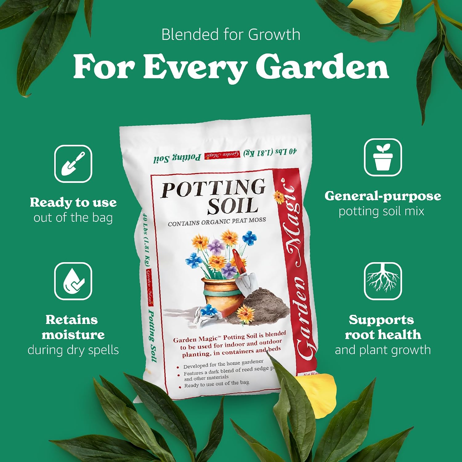 Michigan Peat 40 Pound Bag Of Garden Magic General Purpose Moisture Retaining Potting Soil Mix For Indoor And Outdoor Planting