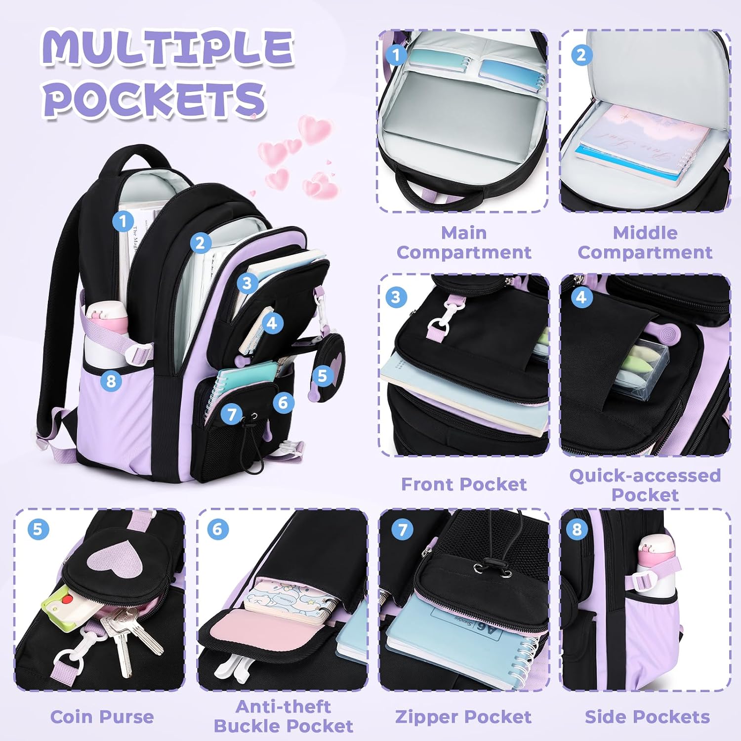 Girls Backpack, Kids Backpack For Girls, School Bag For Primary Elementary Teenage, Middle School Students Bookbag