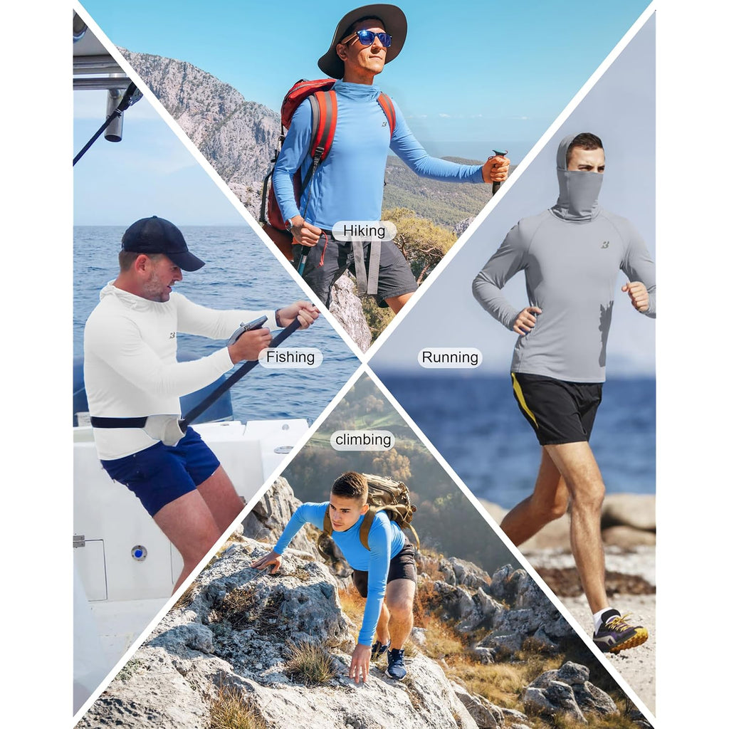 Roadbox Upf 50+ Men'S Hooded Fishing Shirts, Long Sleeve Uv Sun Protection Hoodie Hiking Running Swim Rash Guard With Mask