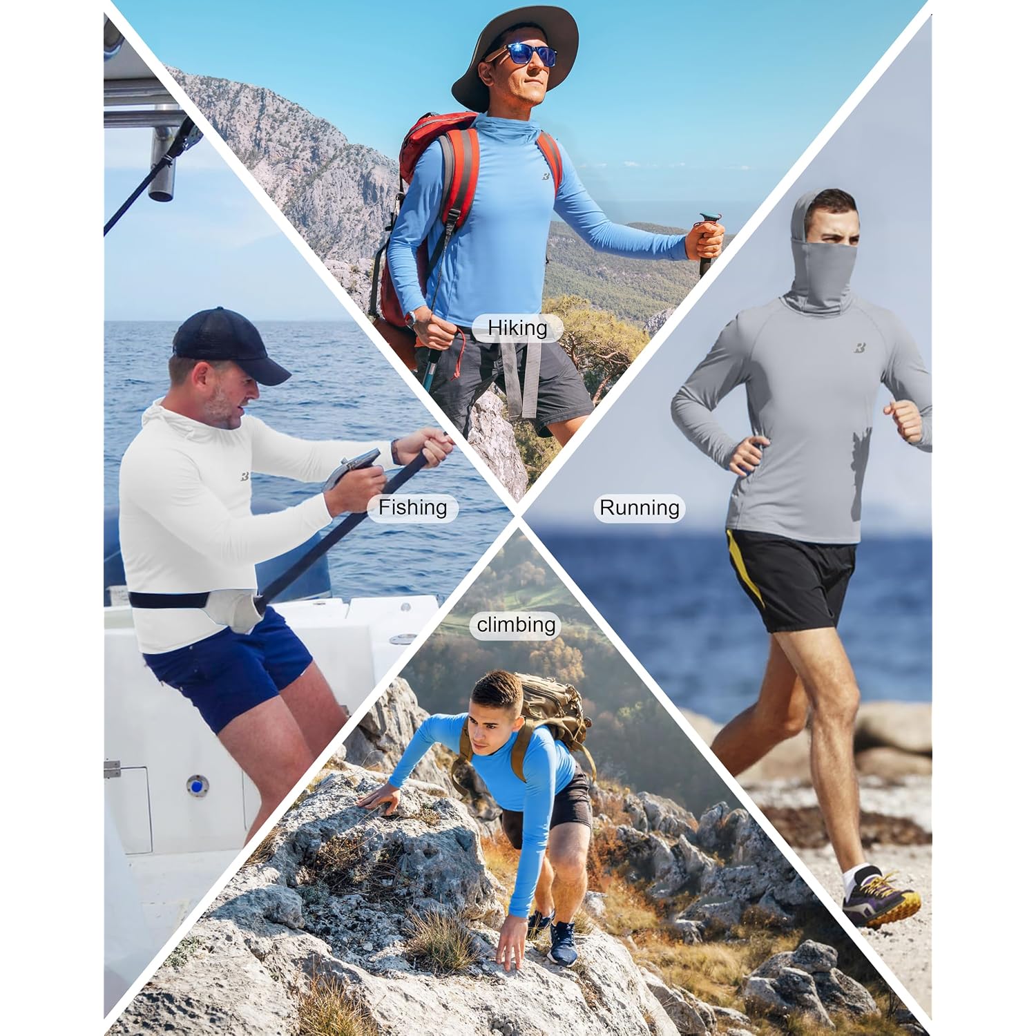Roadbox Upf 50+ Men'S Hooded Fishing Shirts, Long Sleeve Uv Sun Protection Hoodie Hiking Running Swim Rash Guard With Mask