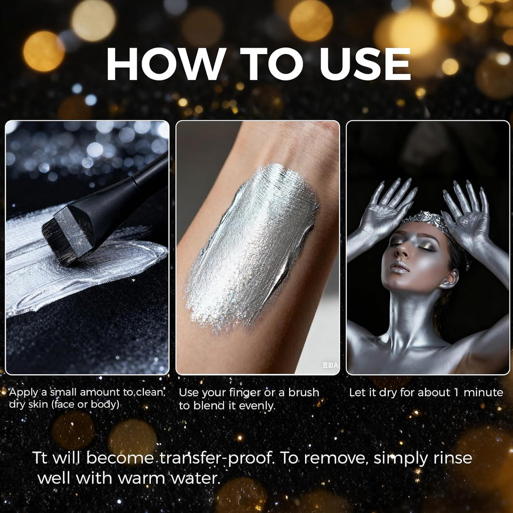 Silver Face Body Paint, Washable, Long-Lasting Highly Pigmented, Water Based Full Body Paint, For Halloween Carnival Stage Sfx Special Effects Cosplay Makeup 2.64Fl.Oz/75 Ml (Silver)