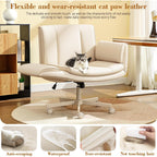 Criss Cross Chair With Wheels & Armrests,Comfy Wide Vanity Chair,Scratch-Resistant Pu Leather Cross Legged Desk Chair,Height Adjustable Computer Office Desk Chairs For Home,Makeup,Bedroom