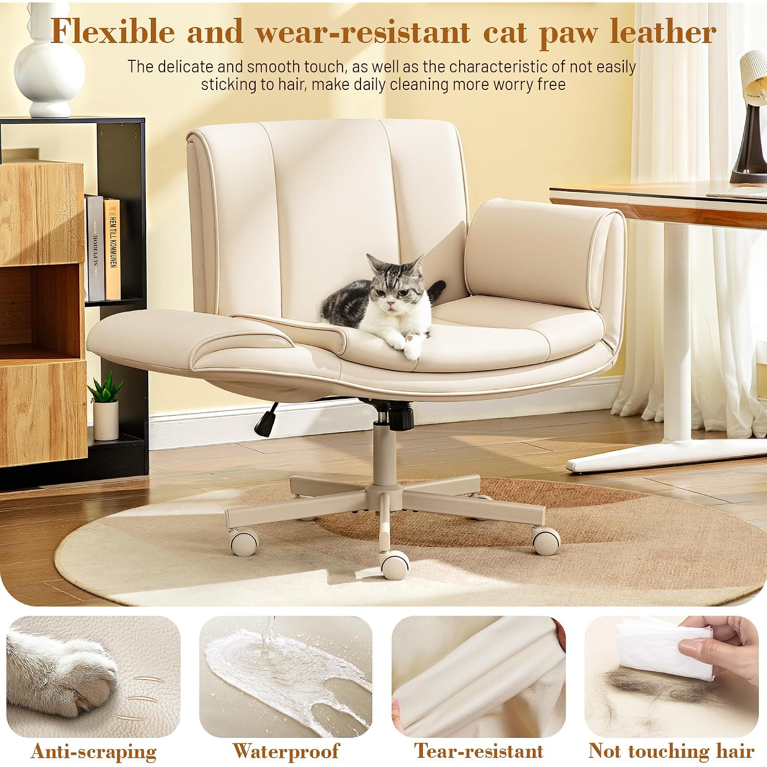 Criss Cross Chair With Wheels & Armrests,Comfy Wide Vanity Chair,Scratch-Resistant Pu Leather Cross Legged Desk Chair,Height Adjustable Computer Office Desk Chairs For Home,Makeup,Bedroom
