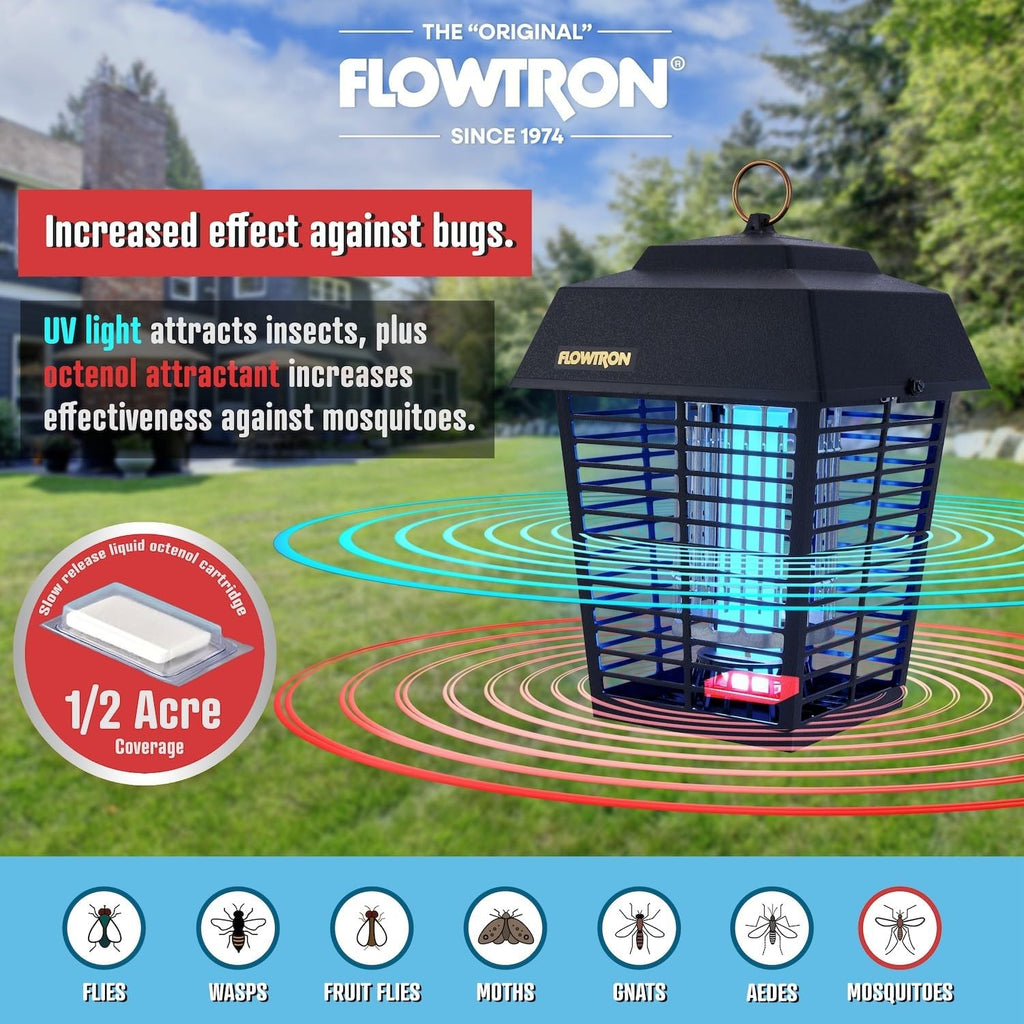 Flowtron Electric Bug Zapper, 1/2 Acre Outdoor, 15W Uv, 5600V, Octenol Lure | Enjoy Mosquito-Free Evenings Outdoors - Uv Light And Octenol Lure Eliminates Flies, Gnats, And Beetles - Ul And Etl Certified