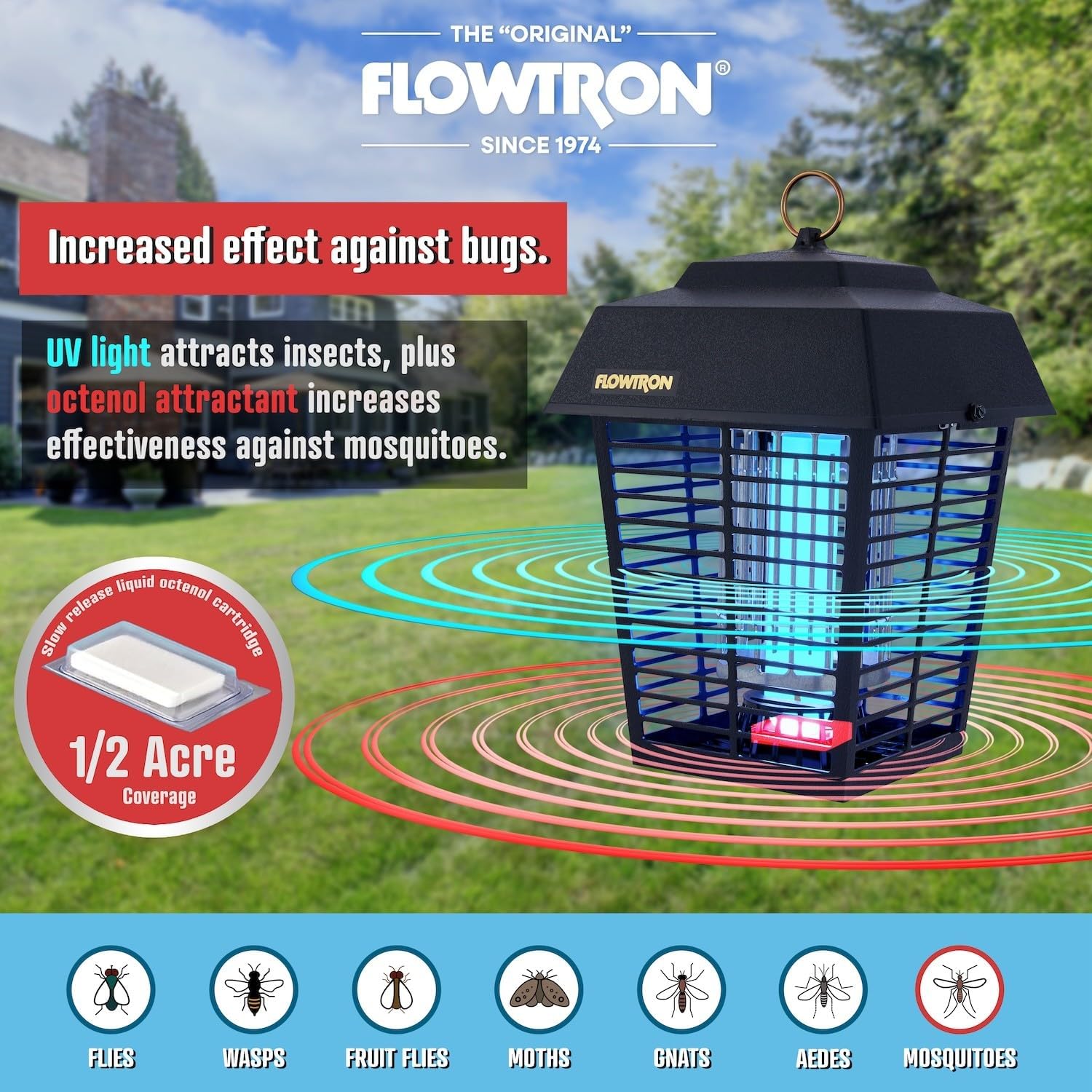 Flowtron Electric Bug Zapper, 1/2 Acre Outdoor, 15W Uv, 5600V, Octenol Lure | Enjoy Mosquito-Free Evenings Outdoors - Uv Light And Octenol Lure Eliminates Flies, Gnats, And Beetles - Ul And Etl Certified