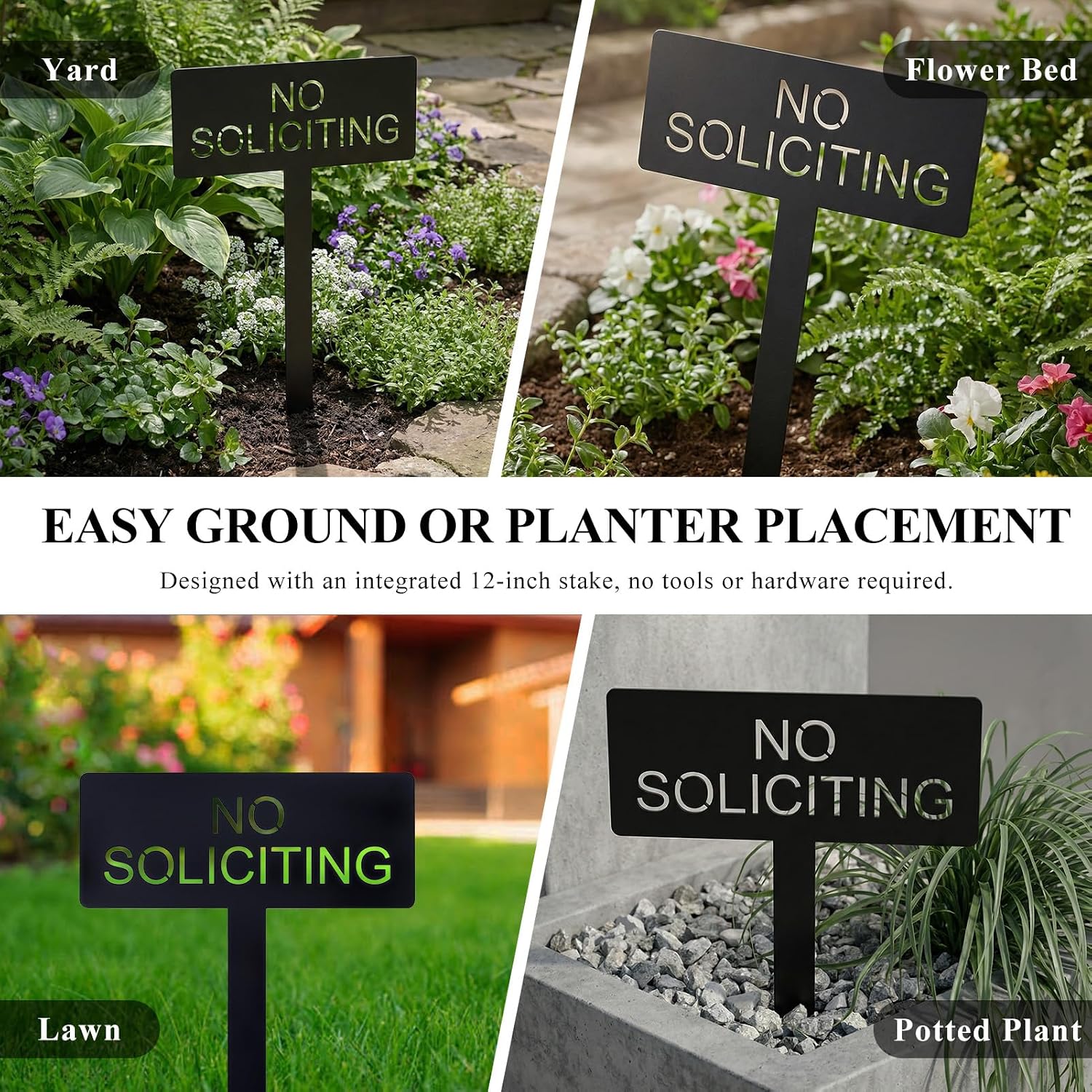 No Soliciting Metal Yard Sign For House, Modern Steel No Soliciting Sign, Outdoor No Soliciting Yard Sign For Front Yard Or Planter, 4.1” X 10.6” With 10.2” Stake, Black