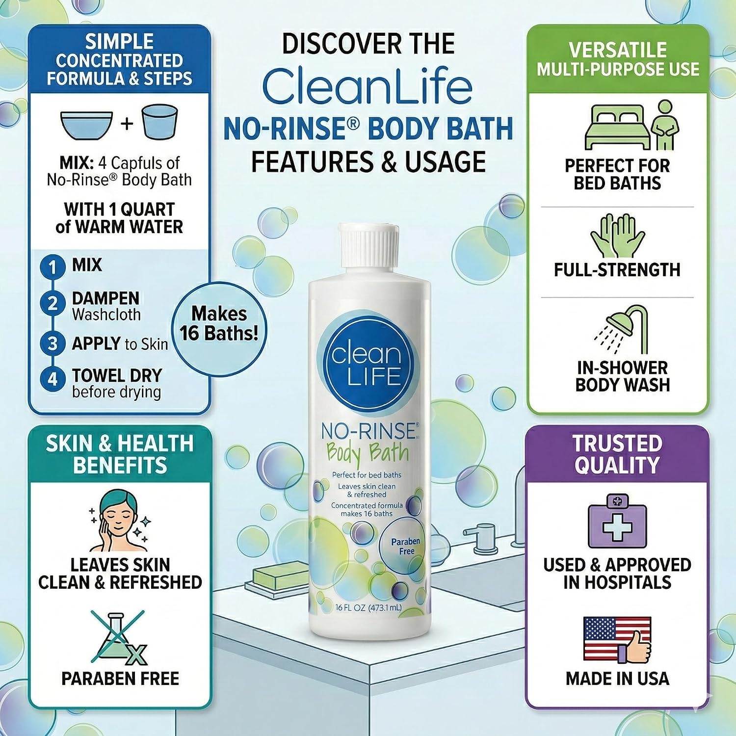 No-Rinse Cleanlife Products Body Bath, 16 Fl Oz (Pack Of 3, Makes 48 Complete Baths) – Gentle, Concentrated Liquid Body Wash Made In Usa – Ideal For Post-Surgery, Elderly Care, Camping, And Travel