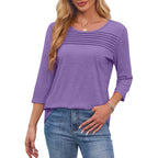 Ofeefan Womens Tops 3/4 Length Sleeve Blouses Dressy Casual Spring Summer Fall Outfits Pleated Front T Shirts Curved Hem