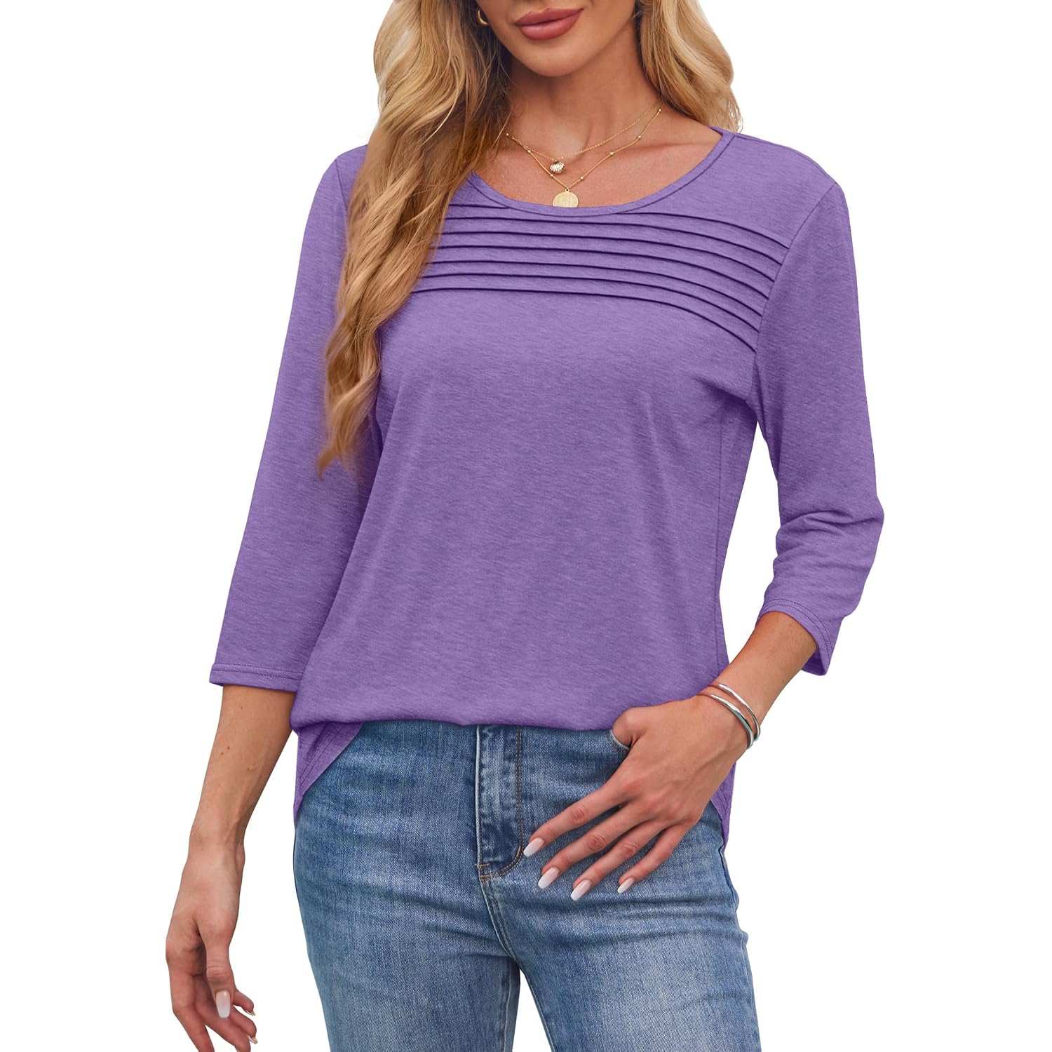 Ofeefan Womens Tops 3/4 Length Sleeve Blouses Dressy Casual Spring Summer Fall Outfits Pleated Front T Shirts Curved Hem