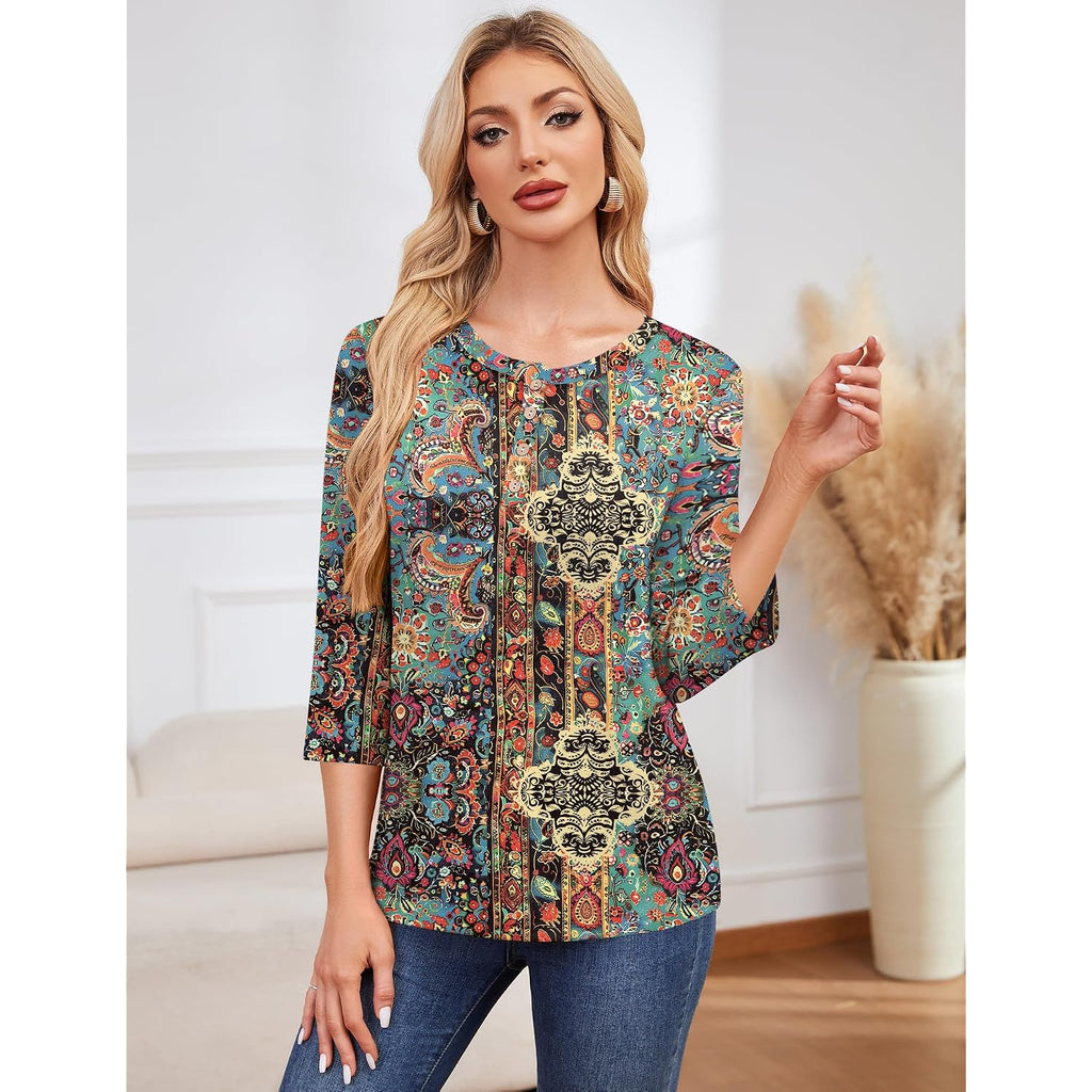LOMON 3/4 Length Sleeve Womens Tops Casual Crewneck Pullover Tunics Summer Cute Blouses Fashion 2026