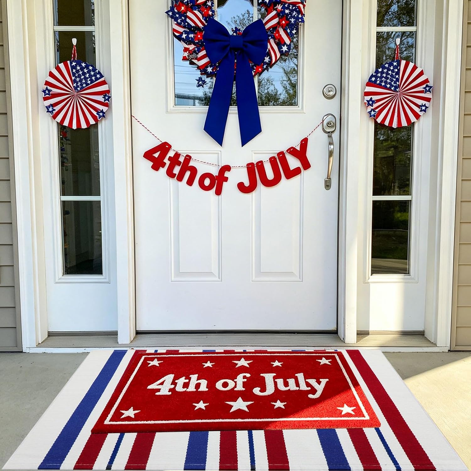USA 250th Anniversary Patriotic Doormat, 2'4" x 3'7" Red White and Blue Striped Outdoor Rug, Washable Farmhouse Front Porch Welcome Mat for Memorial Day, 4th of July, and Independence Day Decor