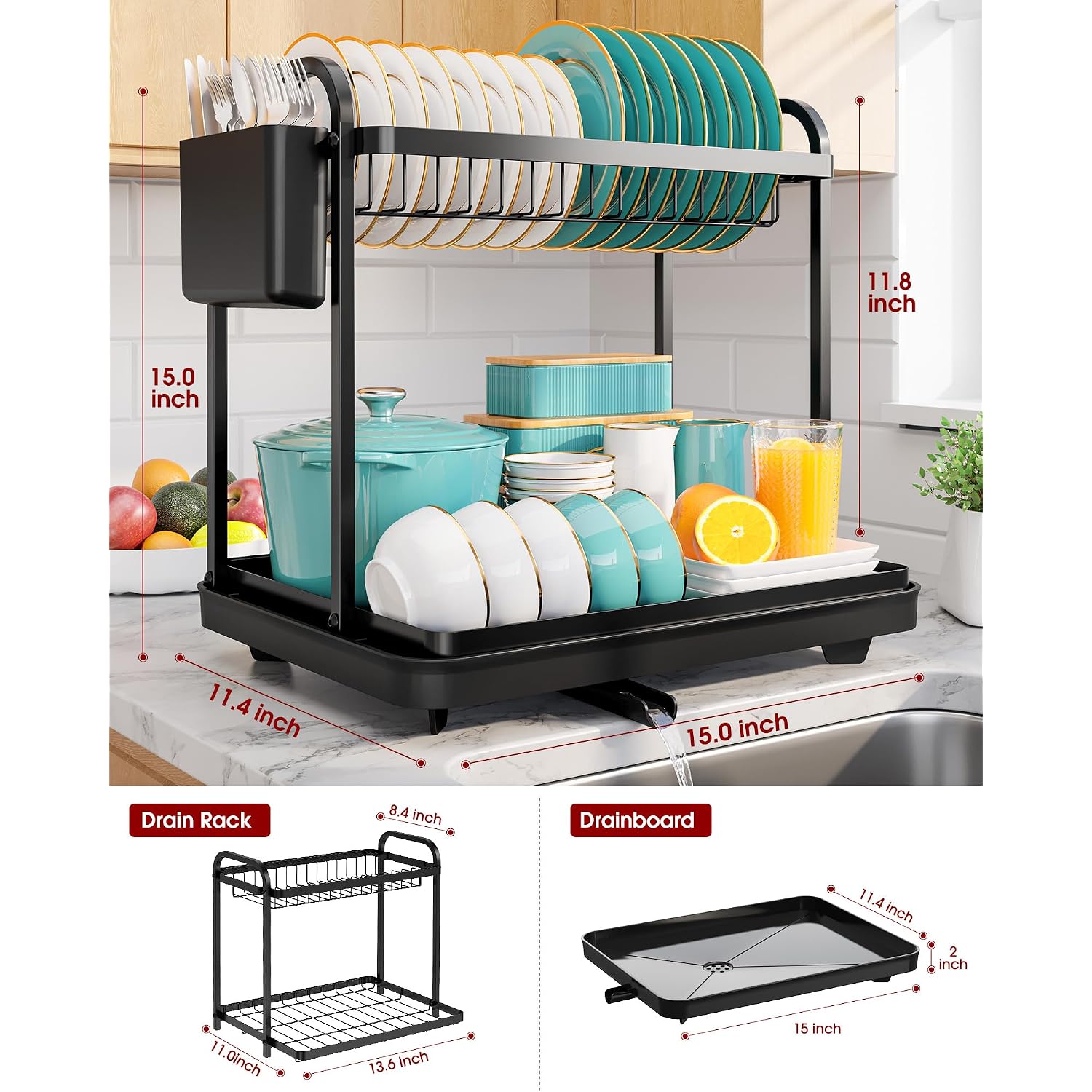 2-Tier Dish Drying Rack - Stainless Steel Dish Rack With Cutlery & Utensil Holders For Kitchen Counter, Sink Organization And Storage For Small Family, 15" W X 11.4" L X 15" H, Black