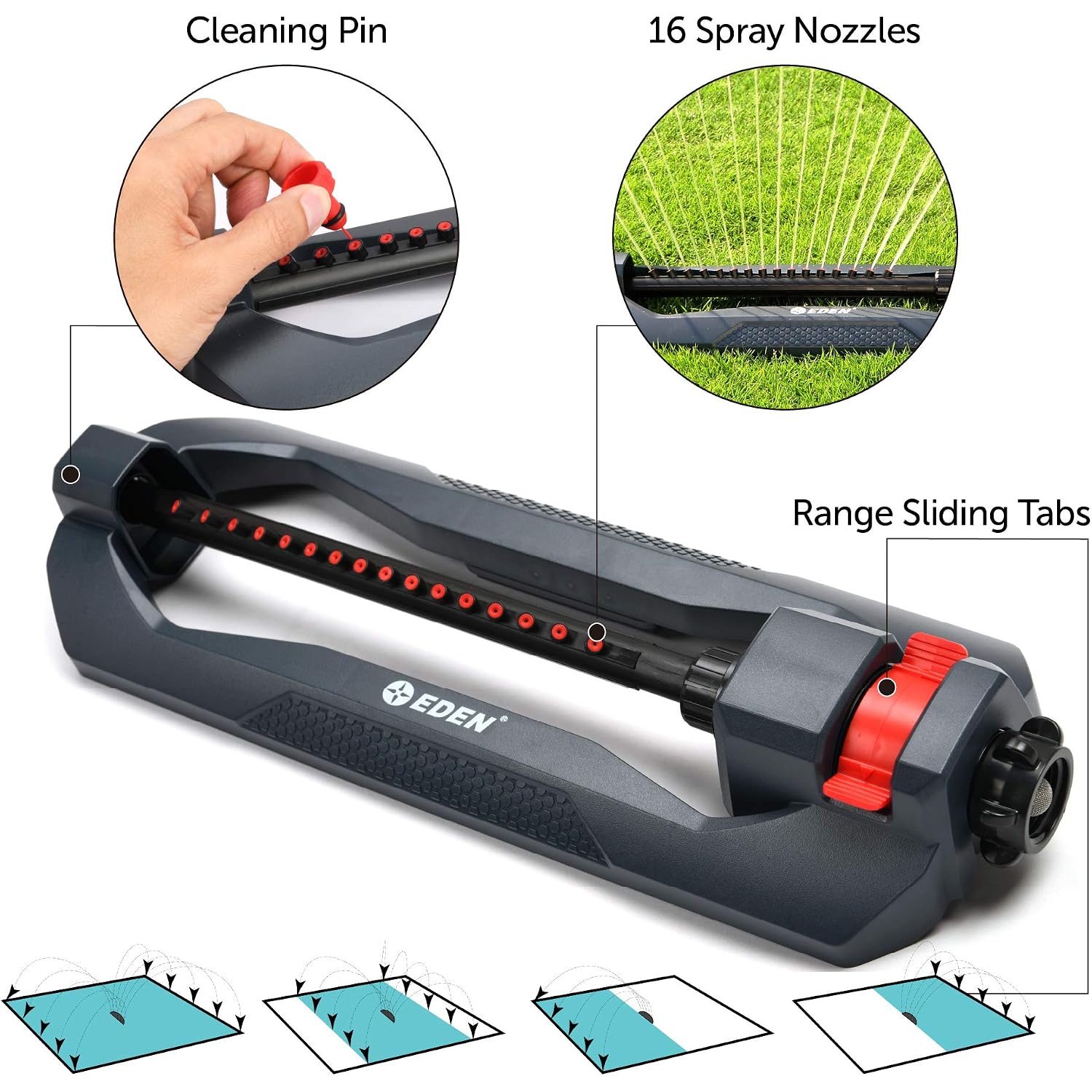 Eden 96213Edamz Weighted Essential Oscillating Sprinkler | Covers Up To 3,600 Sq. Ft., 16 Precision Nozzles, Adjustable Range, Turbo Drive Motor, Quick Connect Bundle, Stainless Steel Filters, Black