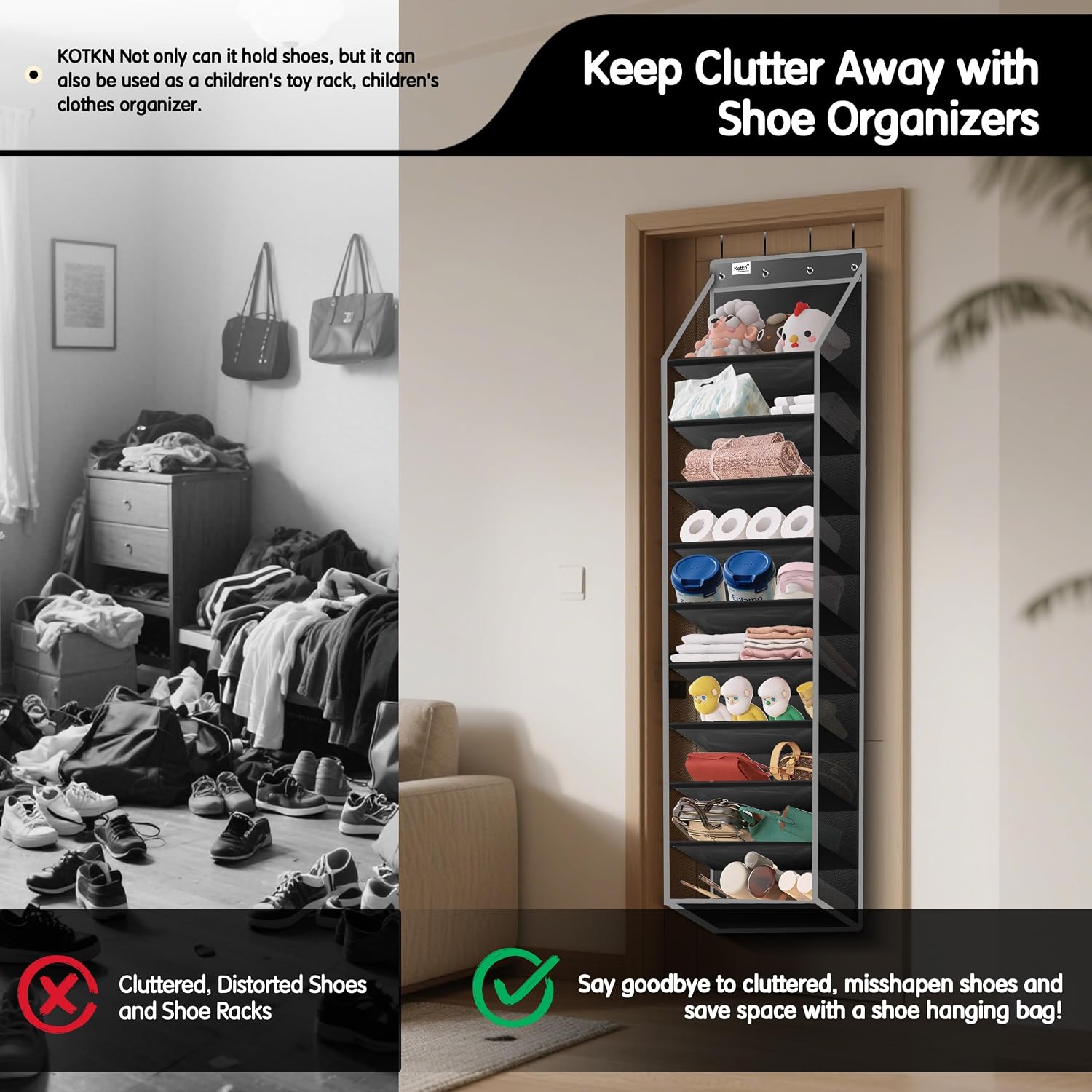 Kotkn 10 Tier Over The Door Organizer - Heavy Duty Hanging Storage Rack With Sturdy Oxford Fabric, Holds 20+ Pairs Of Footwear, Boots & Sneakers, Saves 50% Closet Space (Black)