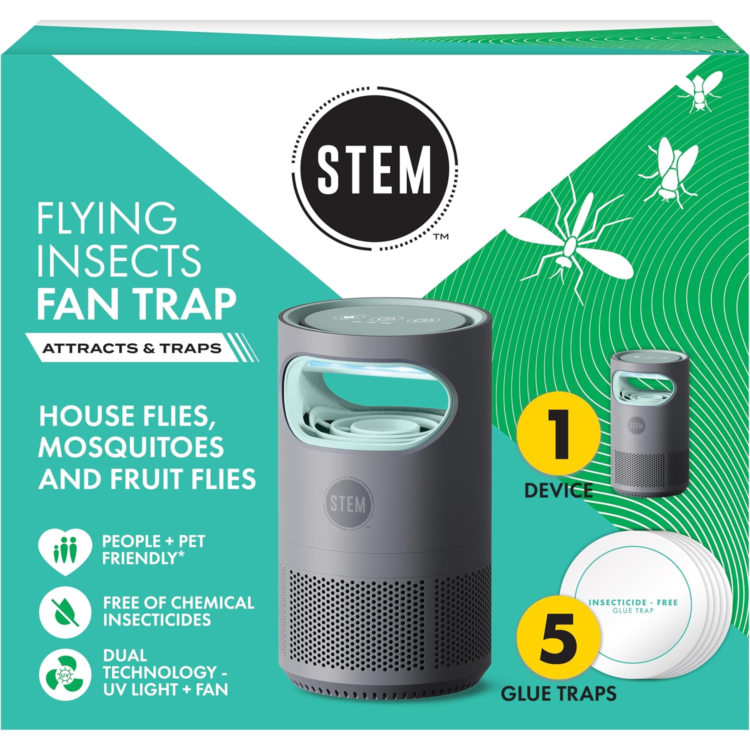 Stem Flying Insect Fan Trap For Indoor Bug Control, Attracts Mosquitoes, Fruit Flies, And House Flies, Plug-In Fan With Uv Light, Starter Kit Includes 1 Device And 5 Glue Traps