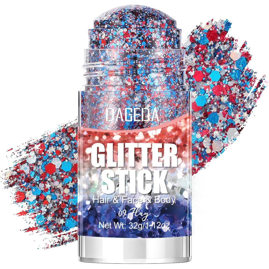 DAGEDA Red White Blue Face Body Glitter Stick,4th of July Accessories Sparkling Hair Glitter Makeup,Patriotic Red White and Blue Patriotic Accessories,Fourth of July Outfit Flag Glitters Makeup
