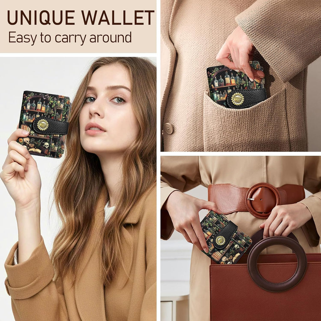 Bookshelves Skull Goth Gothic Small Rfid Women Wallet Bifold Zipper Coin Pocket Pu Leather Compact Cash Credit Card Holder Travel Wallet Female Ladies Teen Girls 1 Id Window 10 Card Slots