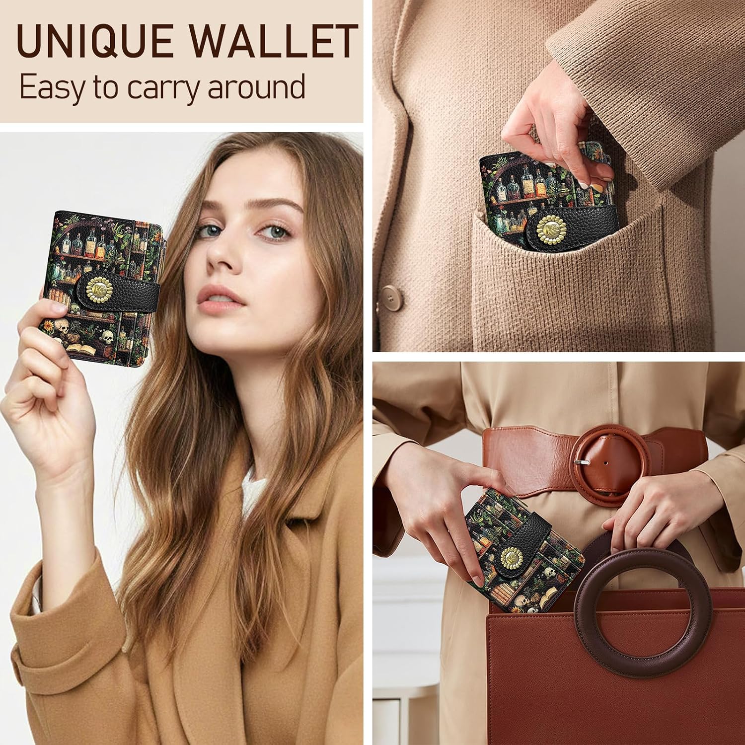 Bookshelves Skull Goth Gothic Small Rfid Women Wallet Bifold Zipper Coin Pocket Pu Leather Compact Cash Credit Card Holder Travel Wallet Female Ladies Teen Girls 1 Id Window 10 Card Slots