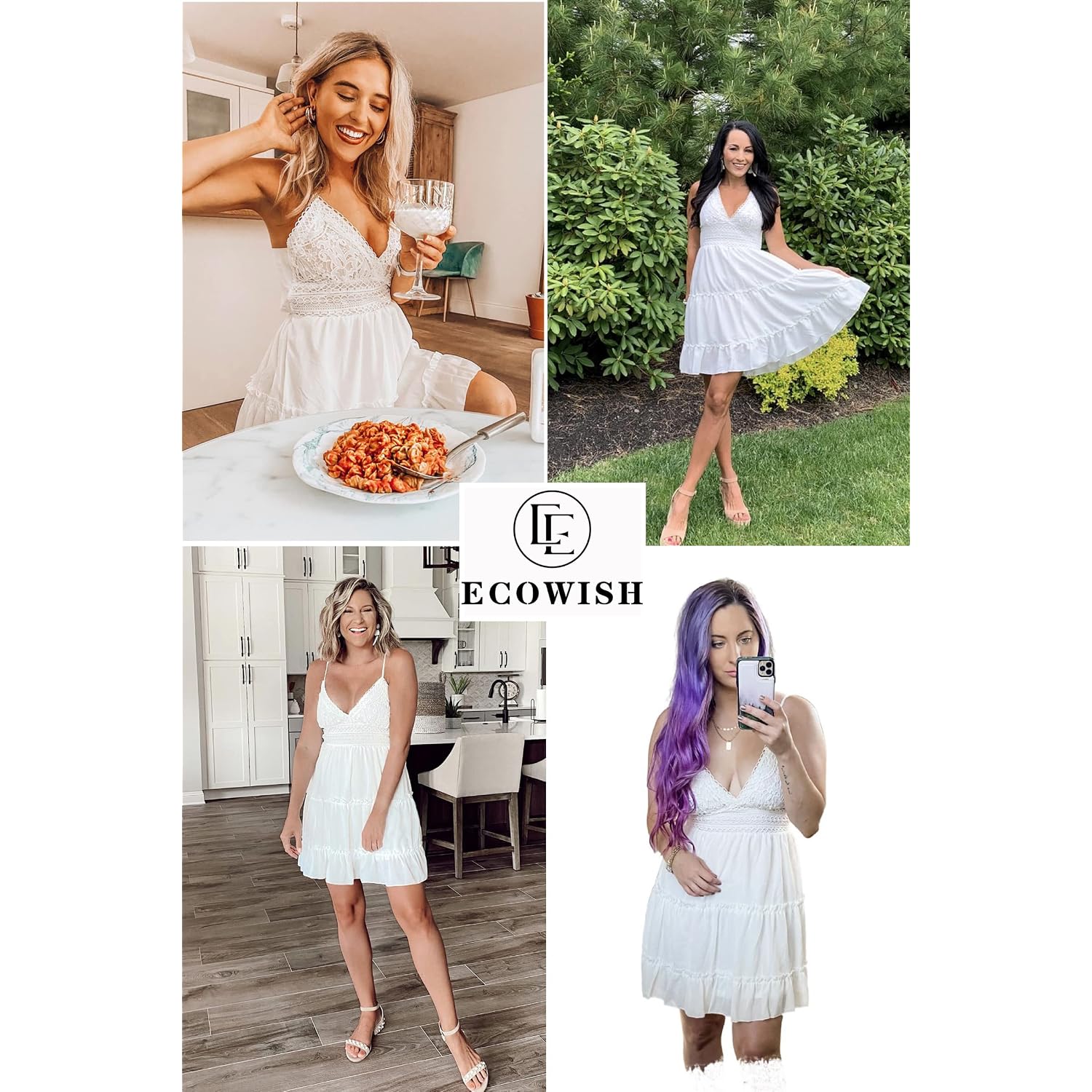 Ecowish Summer Dresses For Women 2026 V-Neck Spaghetti Strap Bowknot Backless Sleeveless Lace Mini Swing Skater Dress
