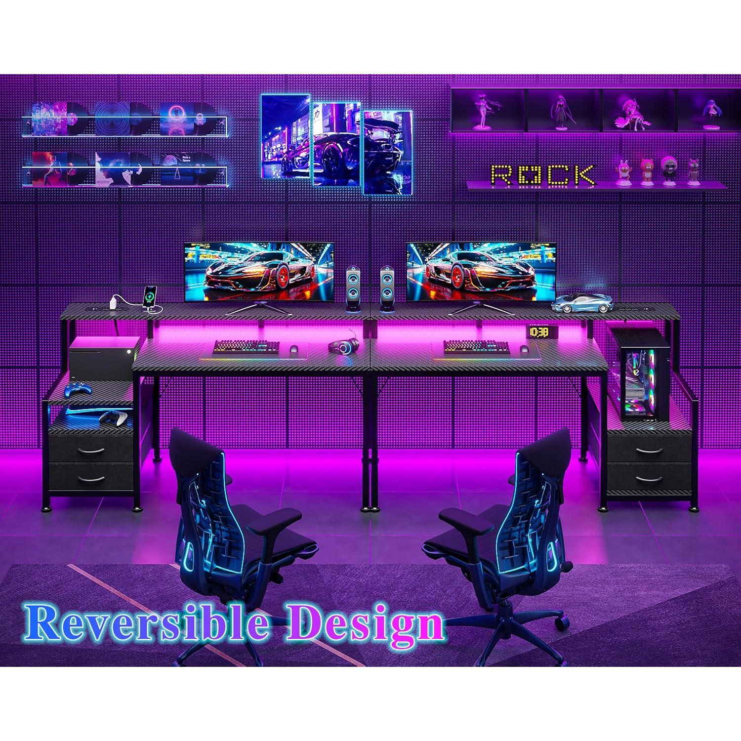 Furologee 47" Gaming Desk With Led Lights & Usb-C Port, Reversible Computer Desk With Monitor Stand, Storage Shelves & 2 Fabric Drawers, Gaming Table With Power Outlets & Hooks, Carbon Fiber Black