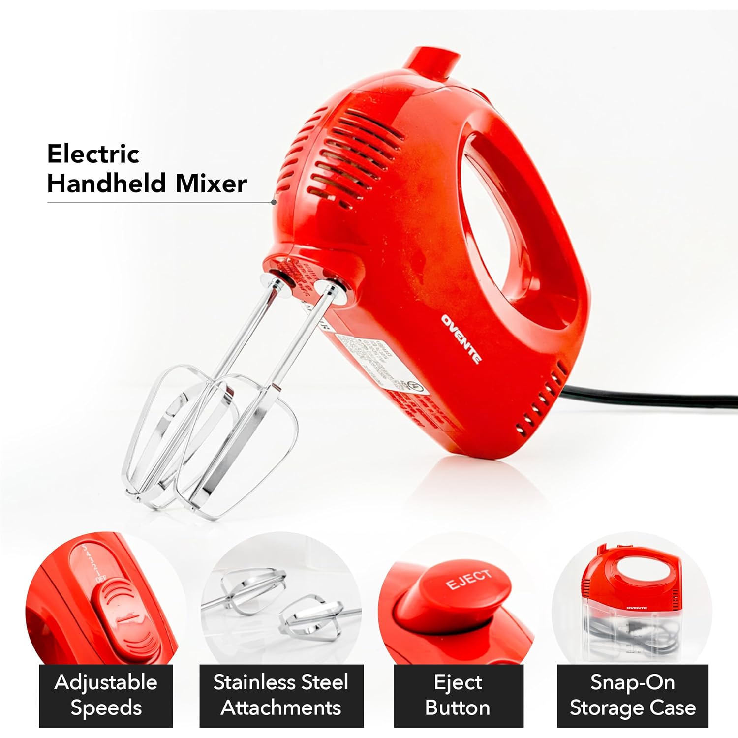 Ovente 5-Speed Corded Electric Hand Mixer With Stainless Steel Whisks, Compact Portable Design With Snap-On Storage Case,150W Lightweight Handheld Mixer For Baking & Cooking, Red Hm151R