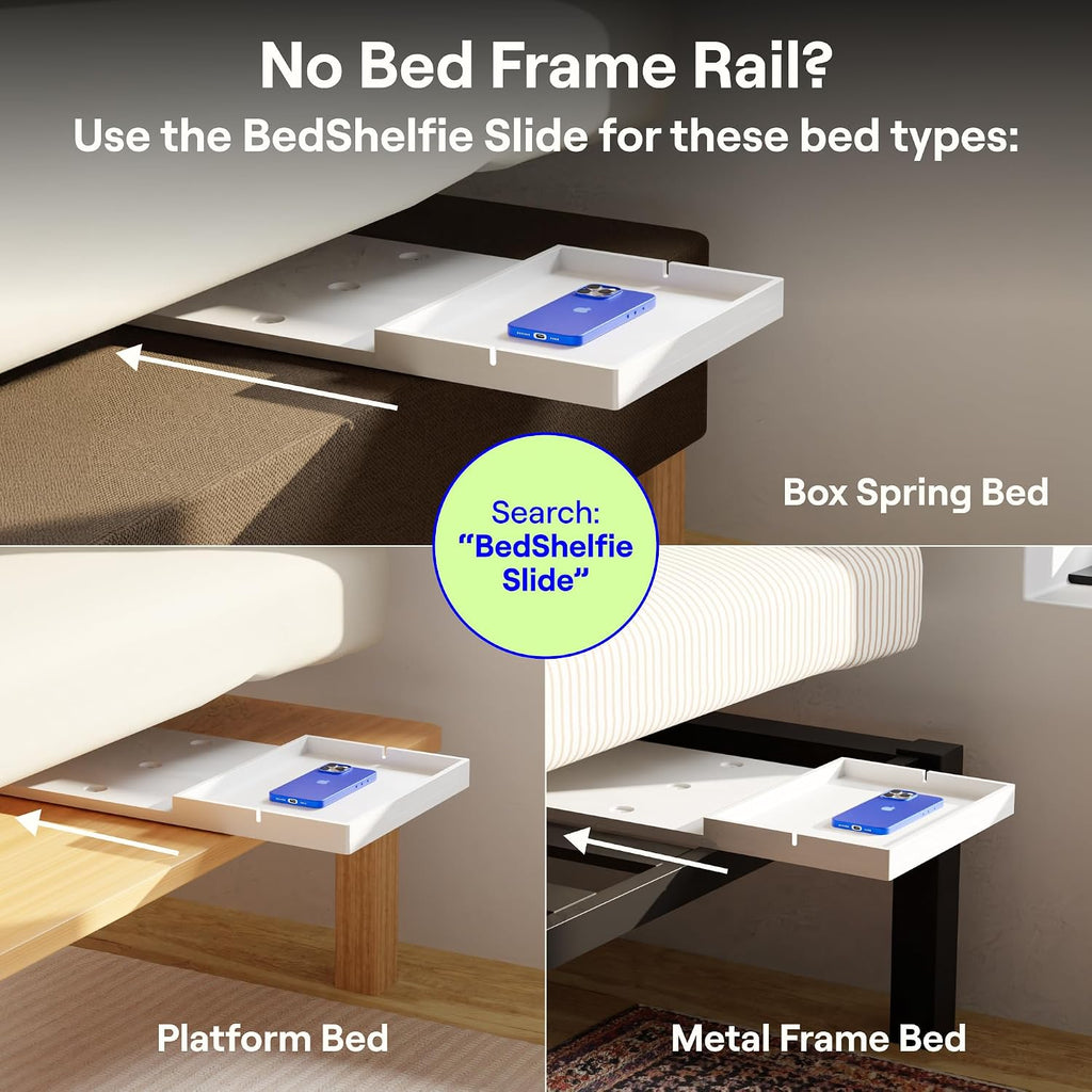 Bedshelfie Bedside Shelf For Dorm Room Bunk Bed & Top Bunk, College Dorm Room Essentials, Bedside Caddy, Clip On Floating Desk Tray, Bed Side Table Storage, Loft Nightstand Decor - Cable Catch, Black