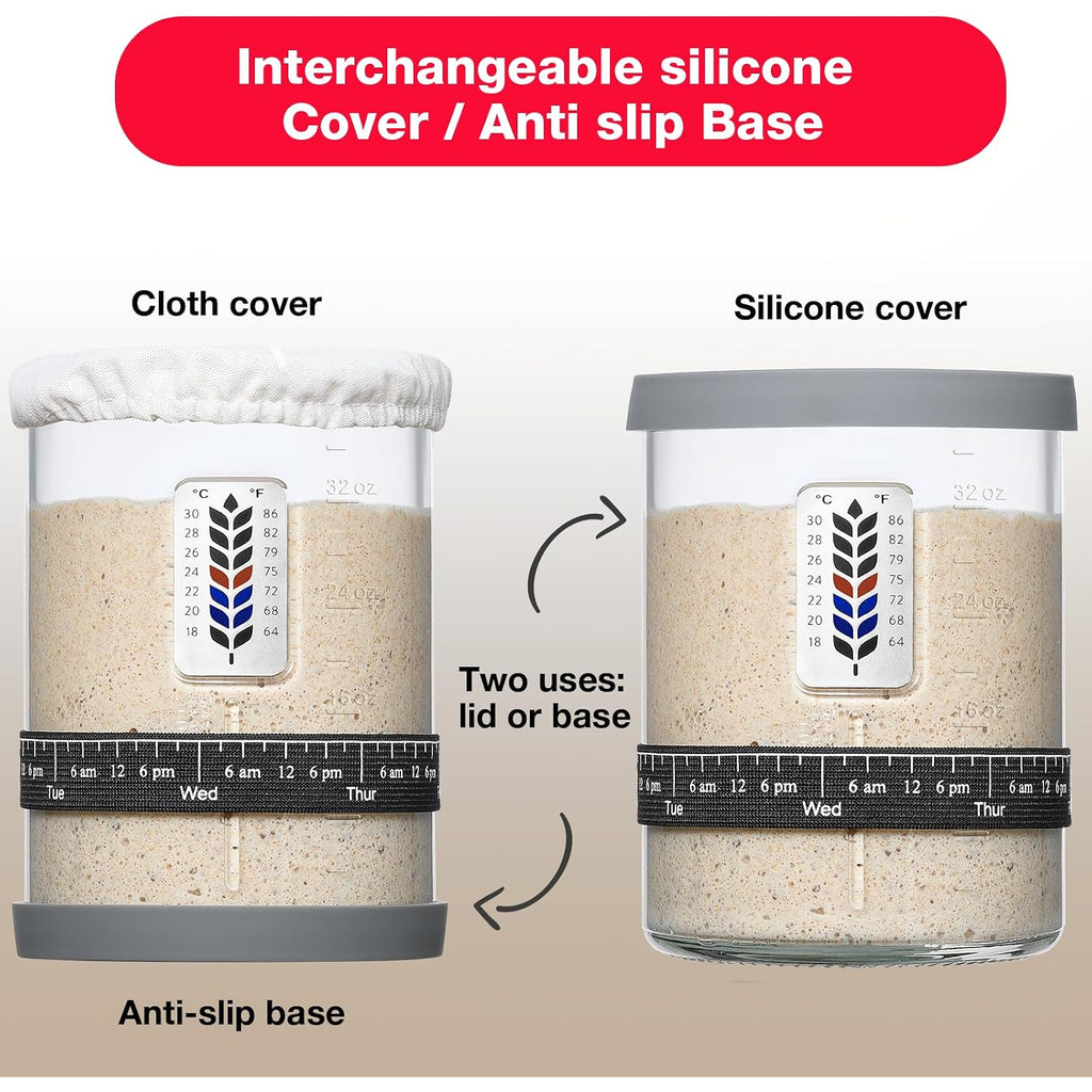 2 Pack Premium Pro Sourdough Starter Jar Kit - 40Oz Large Wide Mouth Sourdough Bread Jar With Marked Feeding Band, Thermometer, Scraper, Cloth Cover & Silicone Lid/Base, Glass Container, Baking Supply