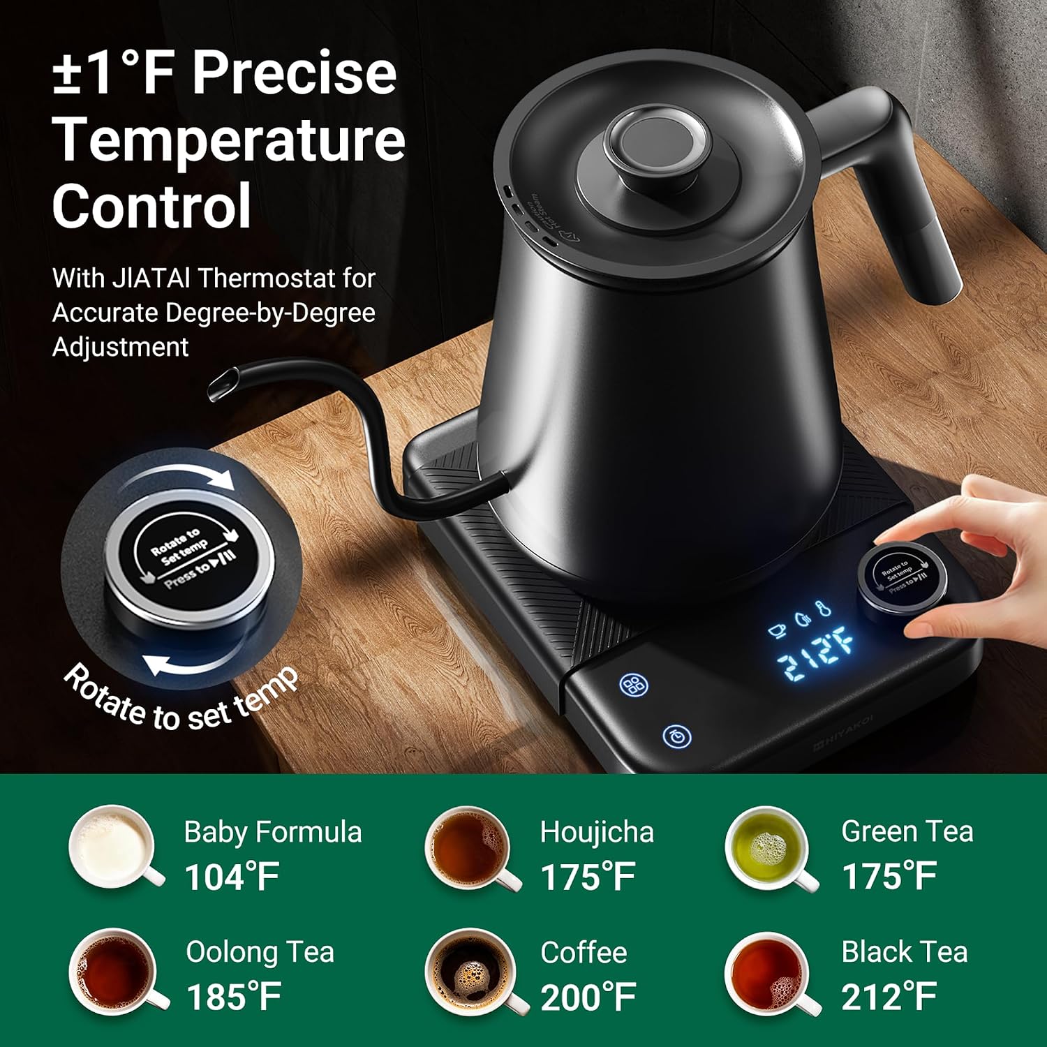 Gooseneck Electric Kettle Hiyakoi With ±1℉ Temperature Control, Pour Over Kettle For Coffee & Tea, 1200W Rapid Heating, Stainless Steel Water Boiler With 12H Keep Warm & Built-In Timer, 0.8L/27Oz