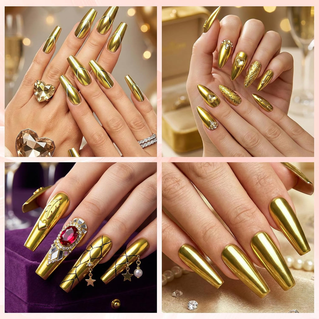 FNNZ Chrome Nail Powder, Champagne Gold Metallic Nail Powder, Pigment Premium Mirror Chrome Nail Powder Mirror Effect Salon Nail Art Glitter Dust for Gel Polish Decoration Home DIY Nail Manicure