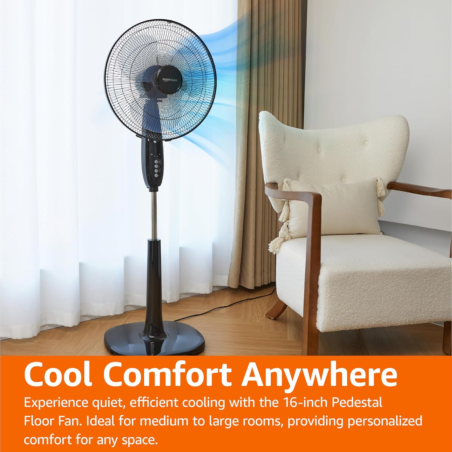 Amazon Basics 16" Pedestal Fan With Remote For Bedroom, Living Room, Office, Adjustable Height, Dual-Layered Blades, 3 Speeds, 3 Modes, Timer, Tilt Head, 60W, Black