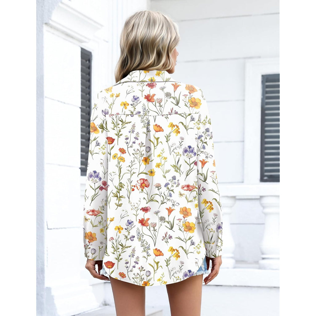 Womens Button Down Shirts Oversized Long Sleeve Floral Printed Blouses Casual Work Tops Drop Shoulder Outfit Clothes
