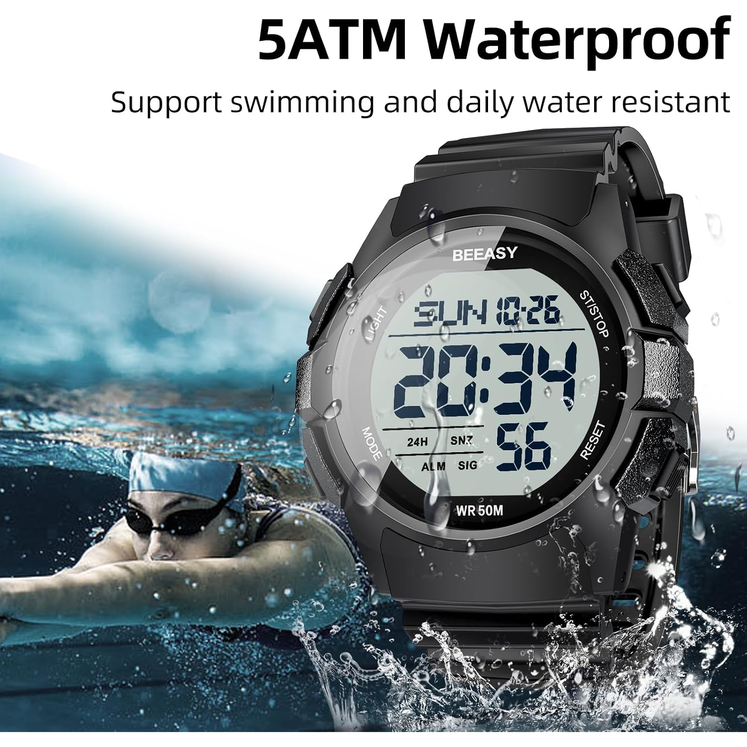 Beeasy Mens Digital Sports Watch, 50M Waterproof 49Mm Rubber Strap Mens Watches With Stopwatch, Countdown Timer, Alarm & Dual Time—Ideal For Sport, Gym, Running, Referee, School & Daily Wear