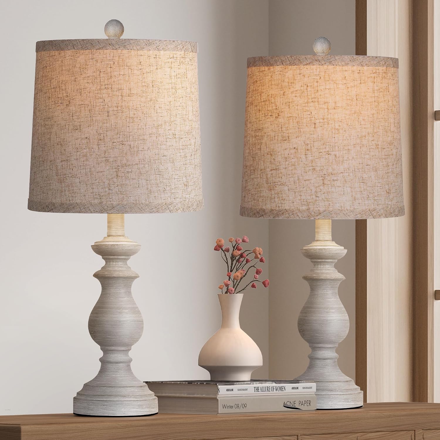 Traditional Table Lamp Set Of 2, Rustic Farmhouse Table Lamps For Living Room Bedroom, 22" Bedside Desk Lamps Vintage Nightstand Lamps With Linen Shades, Antique Grey
