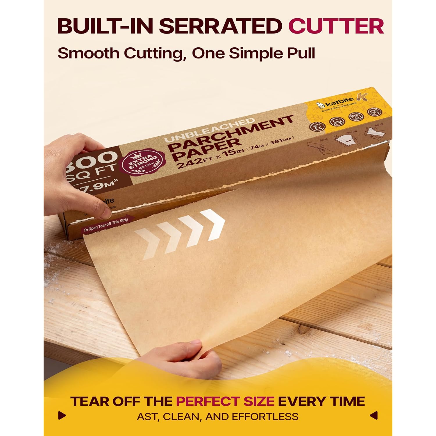Katbite Unbleached Parchment Paper Roll, 15In X 242Ft, 300 Sq.Ft, Non-Stick With Serrated Cutter For Baking, Cooking, Air Fryer