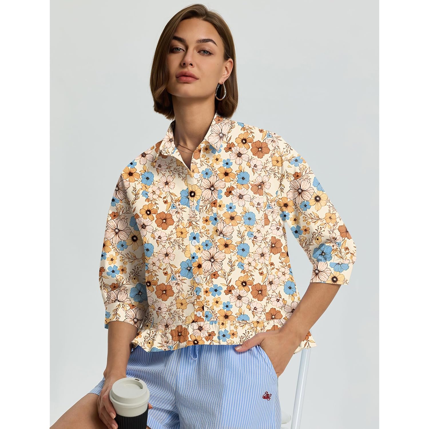 Womens 3/4 Sleeve Button Down Tops Dressy Casual Collared Shirts Blouses Ruffle Babydoll Tops Loose Fit